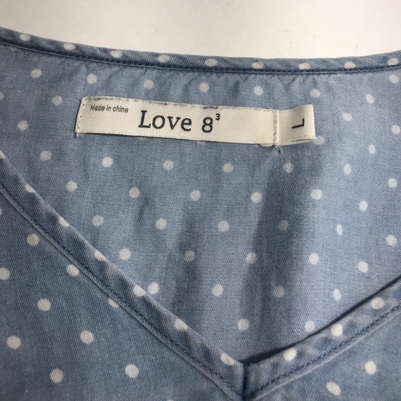 Love 8³ Chambray Blue & White Polka Dot V-Neck Ruffled Sleeve Blouse - Picture 6 of 12